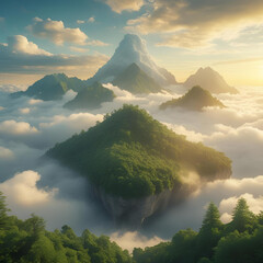 Floating mountains above the clouds, golden sunrise, lush green forests, surreal landscape, peaceful and dreamy atmosphere
