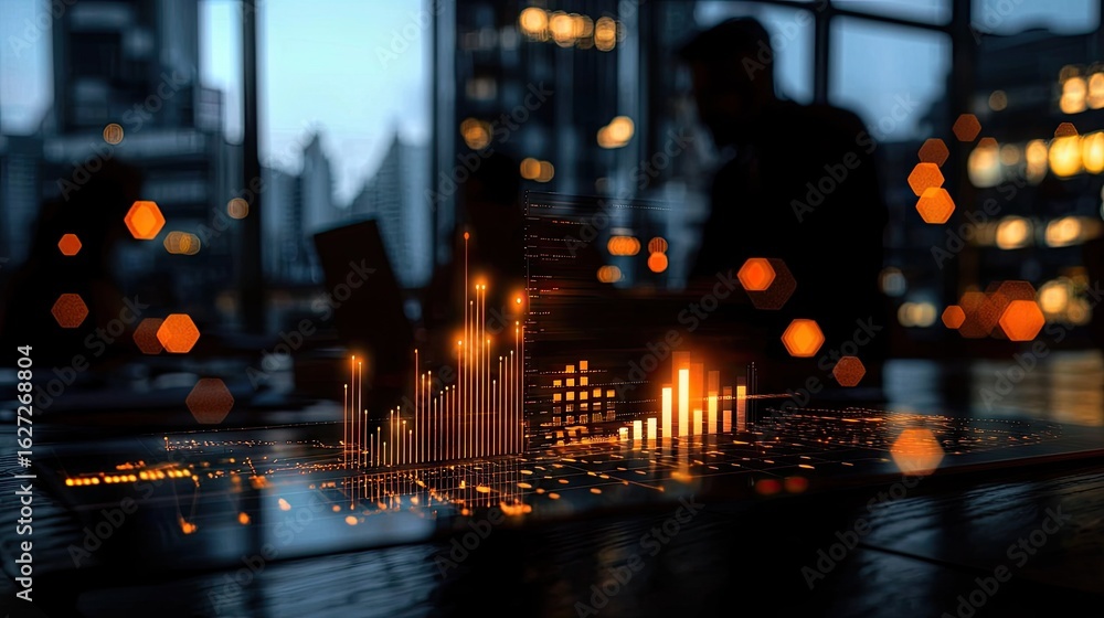 Poster dynamic financial data representation on a modern office surface.