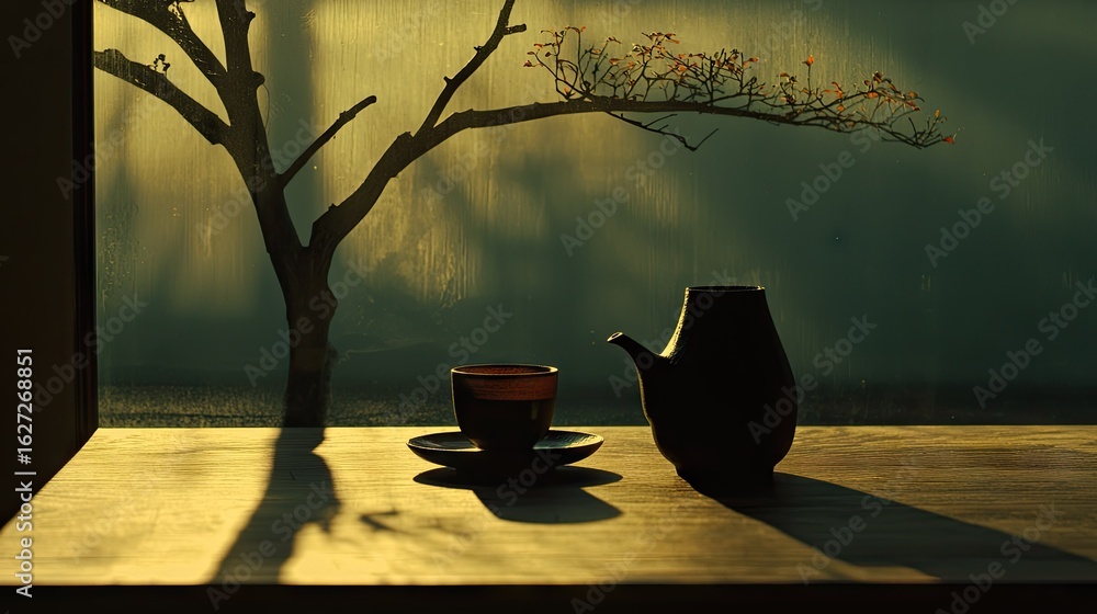 Poster silhouette tea set by a window with a tree.