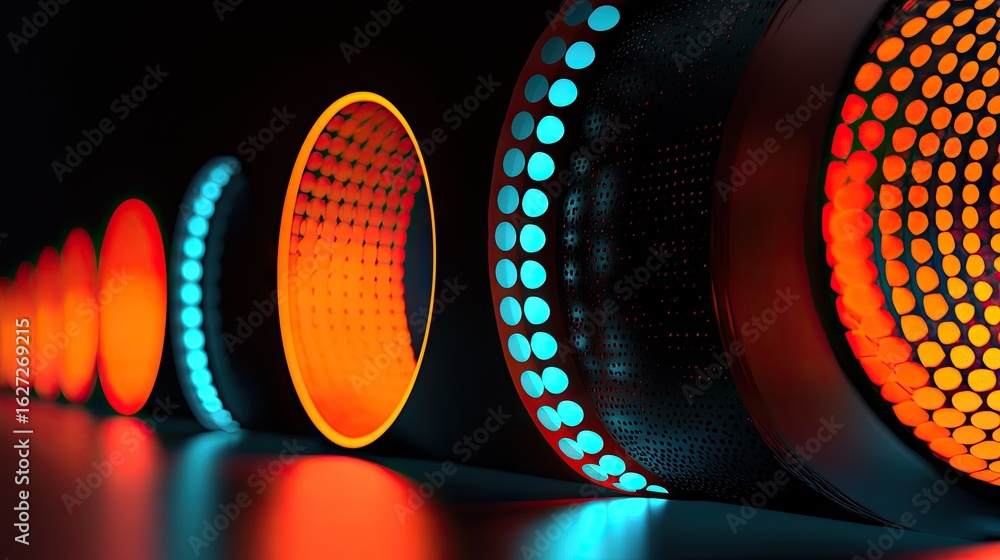 Poster dynamic glowing rings in vibrant color patterns.