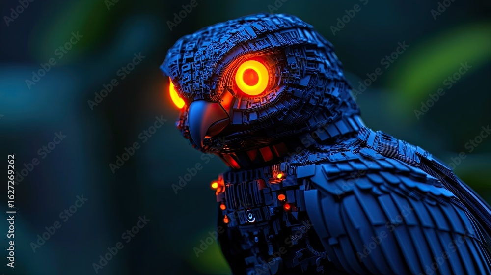 Poster close-up digital rendering of a robotic owl.