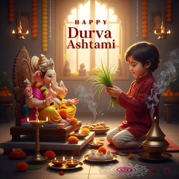Young boy offers durva grass to lord ganesha during durva ashtami festival celebration