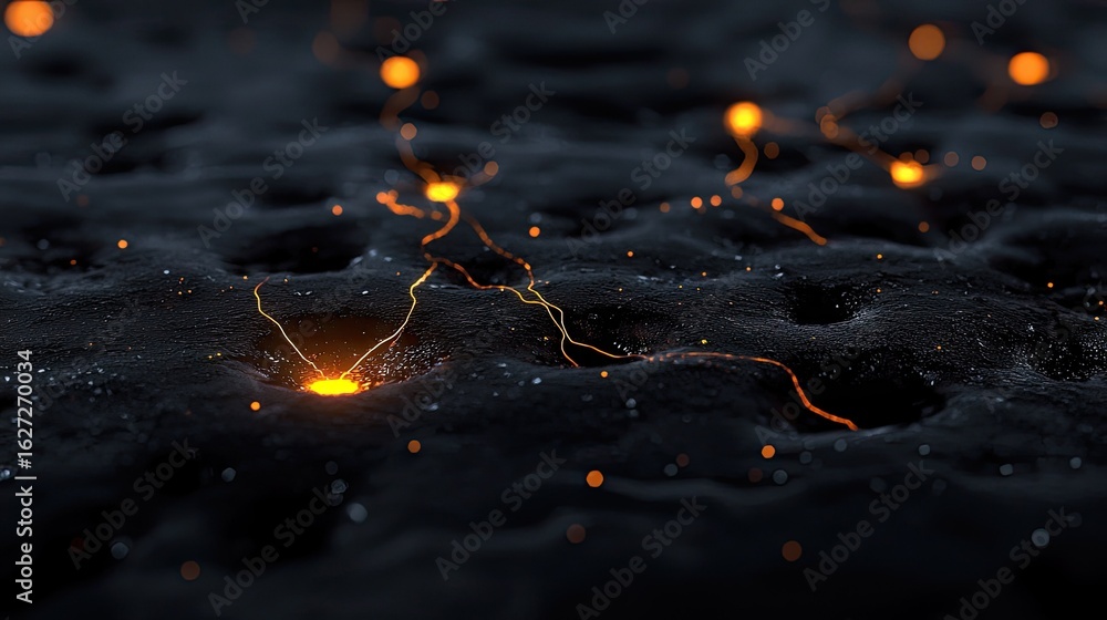 Poster abstract view of textured dark surface with glowing lights.