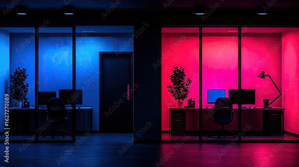 Poster two partitioned workspaces illuminated by contrasting colored lights.