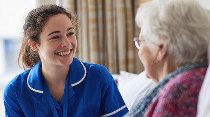 Fototapeta na wymiar A caring nurse smiles warmly at an elderly patient, showcasing compassion and connection in healthcare.