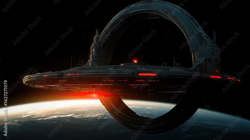 Poster futuristic spaceship orbiting a planet in deep space.