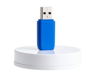 Compact blue USB flash drive on white display holder, isolated on transparent background PNG
