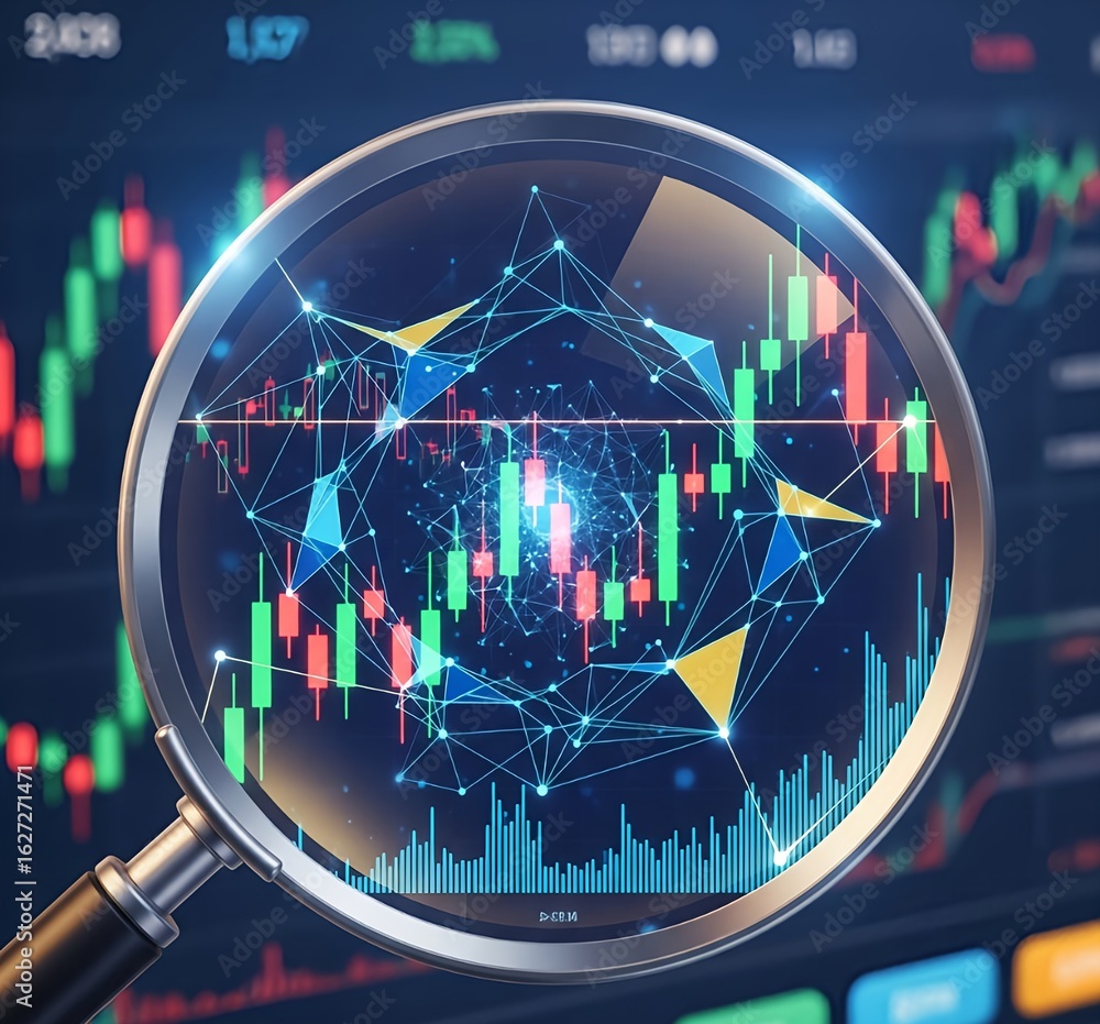 Aufkleber magnifying glass zooming in on a virtual trading interface with illuminated candlesticks and geometr