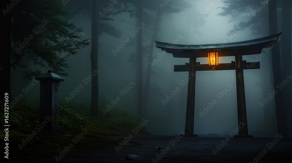 Poster Misty forest path with illuminated torii gate.