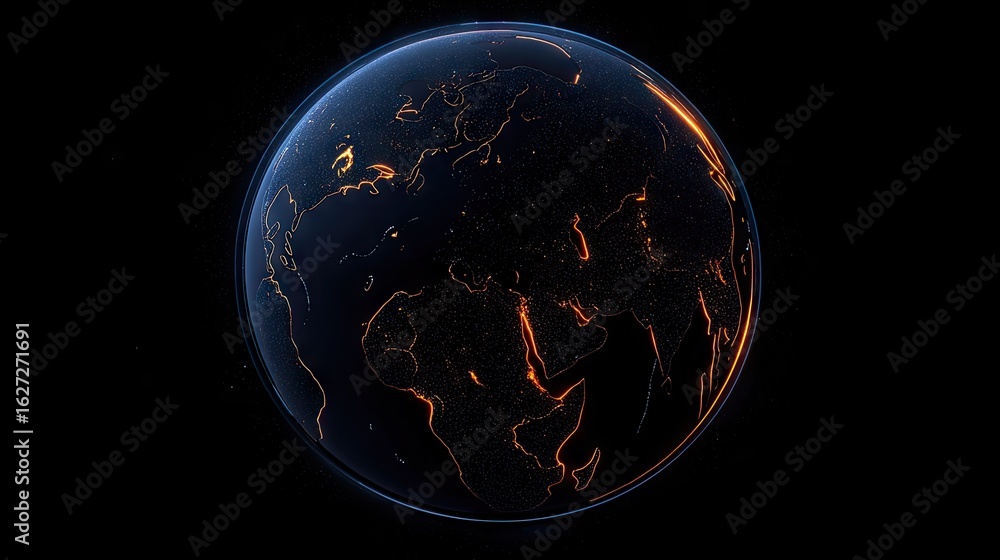 Poster a digital rendering of a planet with glowing surface features.