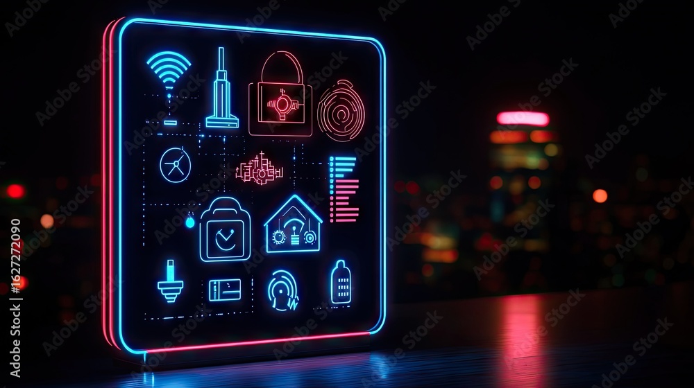 Poster neon illuminated interface displays various connected devices.