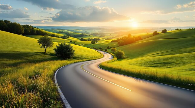 Winding road through green hills at sunset scenic drive landscape travel destination photo