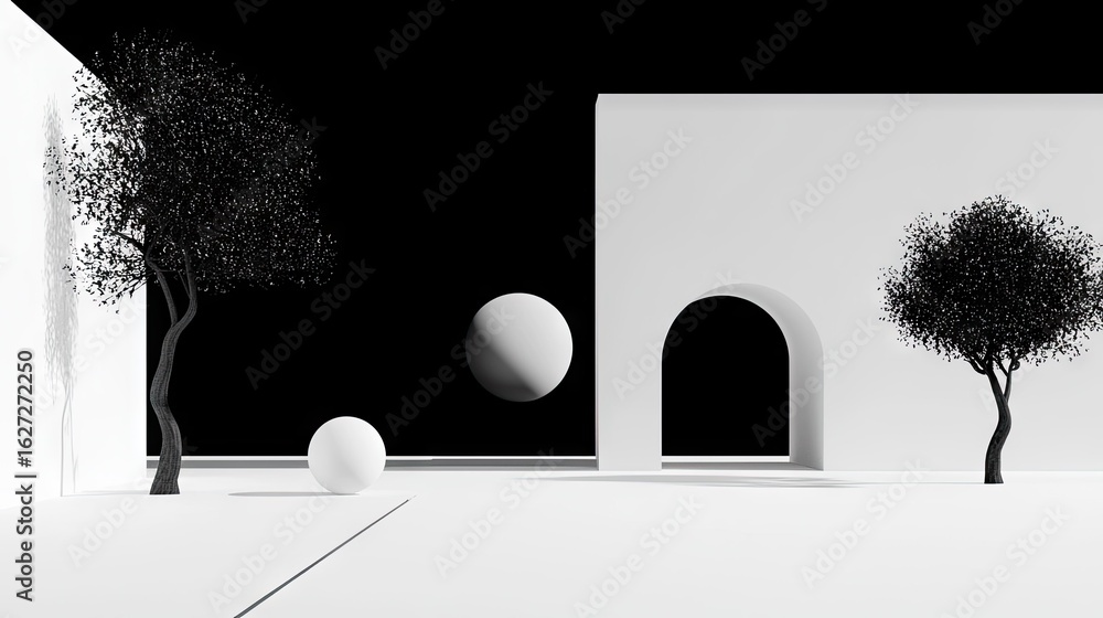 Poster abstract architectural scene with trees and sphere.