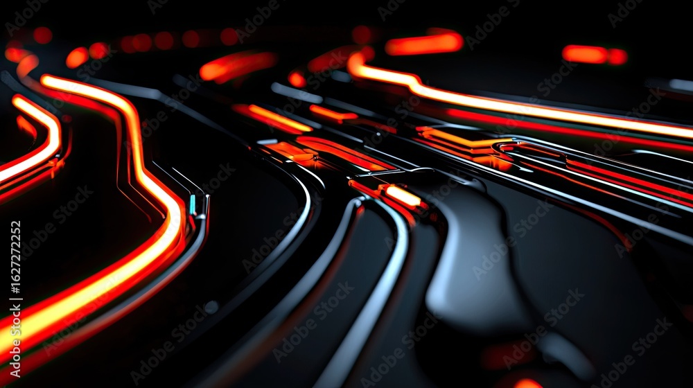 Poster abstract design with glowing red lines on dark surface.
