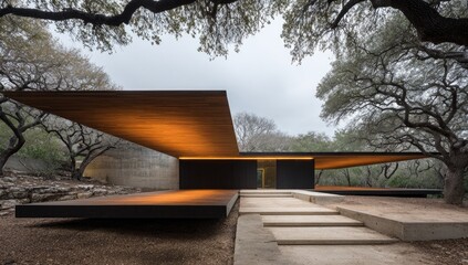 Modern wooden pavilion nestled in trees