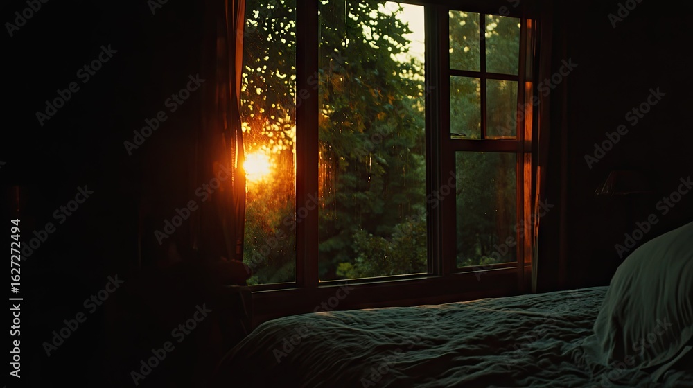 Poster sunset view through a window in a dark room.