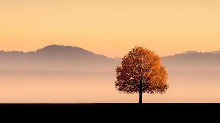 Solitary tree stands against a misty mountain range.