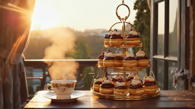 Tiered dessert tray featuring exquisite eclairs and petit fours, complemented by steaming tea on a balcony bathed in warm sunset hues, creating a serene evening atmosphere