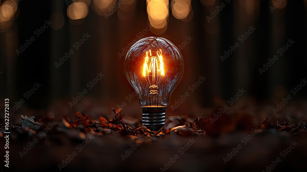 Poster illuminated lightbulb in a forest setting.