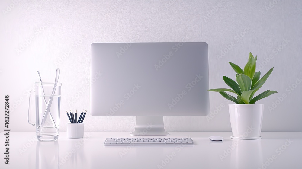 Poster a minimalist workspace design featuring a computer and plant.
