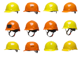 Safety Helmets: Yellow & Orange Hard Hats - Construction, Industrial, Workplace Protection Isolated on Transparent Background