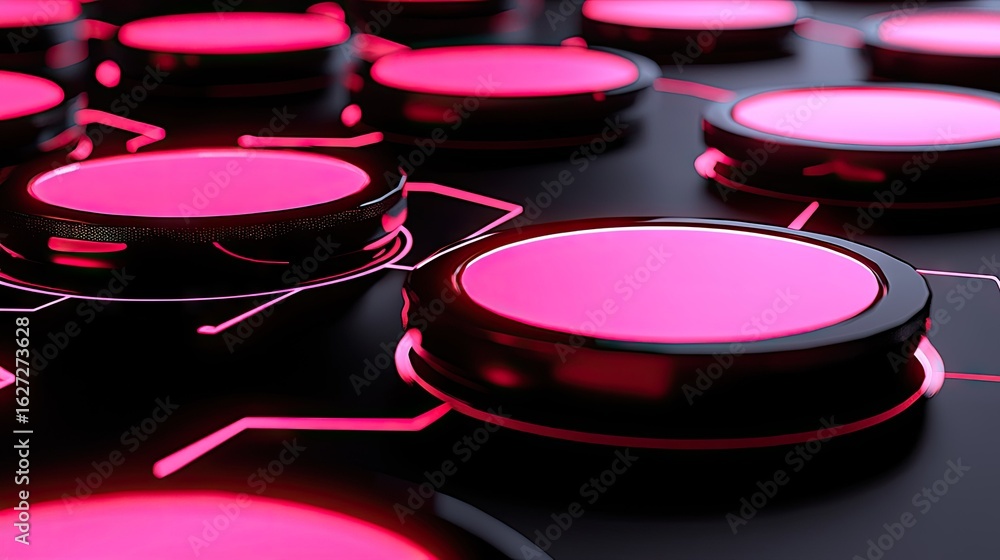 Poster close-up view of glowing pink buttons on a dark technological surface.