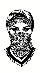 vector style black white stencil drawing of a silhouette of a Muslim woman wearing a scarf over her face, protest, protester, protestor, anarchy, fight, fighter, justice, warrior, strength, activist