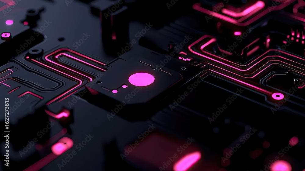 Poster close-up view of intricate circuit board with glowing pink lines.