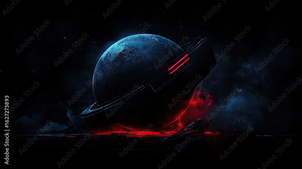 Poster a futuristic, dark rendering of a planet in space.