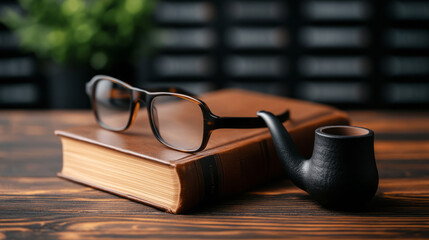 Vintage Reading Setup with Glasses, Book, and Pipe on Rustic Wooden Table Surface