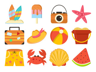 Flat summer vacation clipart with beach and tropical elements like surfboard, ice cream, watermelon, and more. Colorful vector set on white background
