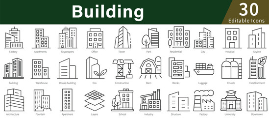 Building Line Icons Set with Editable Stroke for Architecture, Construction, Real Estate, and Urban Structures