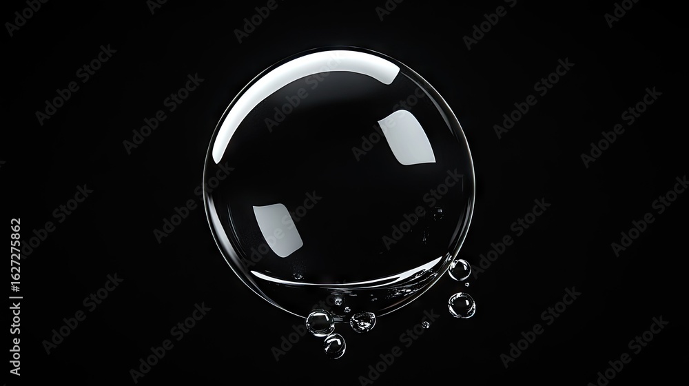 Aufkleber transparent sphere bubble with trailing droplets on a dark background.
