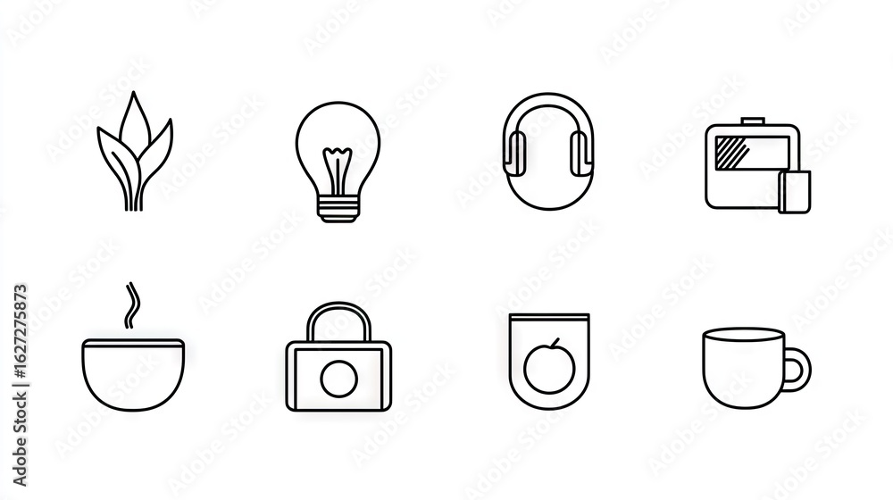 Poster simple line icons representing everyday objects and concepts.