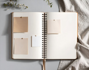 Creative flat lay of an open notebook spread with neutral-toned memo notes pinned on a soft gray canvas background, top-down view.