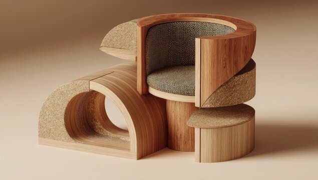 Abstract wooden chair,  geometric shapes, light beige background