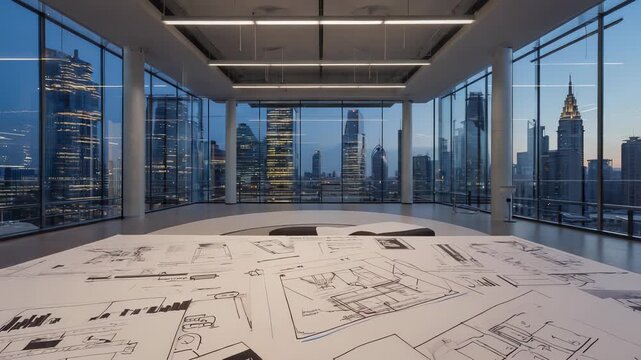In a modern office with stunning urban views, architectural sketches and diagrams. Markers and clips are scattered among detailed plans, capturing creative brainstorming