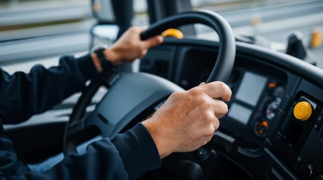 Confident Driver Grips Steering Wheel of Large Vehicle on Road, Highlighting AIs Impact on Job Displacement in Transportation Technology