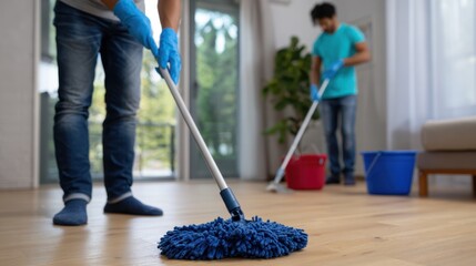 Fototapeta premium Home cleaning action by two people in a modern living room environment with mops and buckets