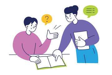 Flat cartoon vector illustration of teacher helping student with schoolwork. Adult pointing notebook mistakes, answering question in classroom. Education, tutoring, learning process, academic support