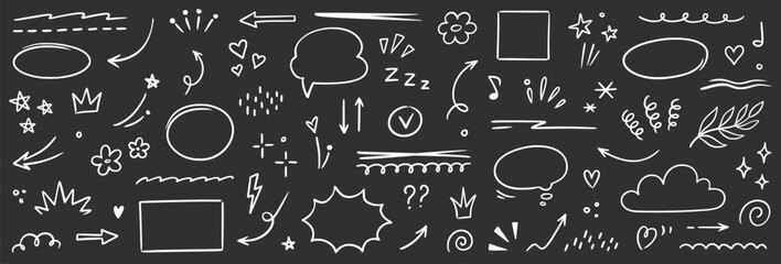 Line arrow icon element set. Hand drawn sketch star, heart marker pen stroke circle, scribble highlight underline elements. Cute mark brush emphasis pencil swoosh, flower set. Vector illustration
