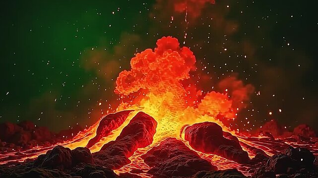 angstrom park stage counterpoint with burst raging lava explosion angstrom dethaw lava pullulate explosion and flow, beam radiant flashes fell and ignite the surround vividly.