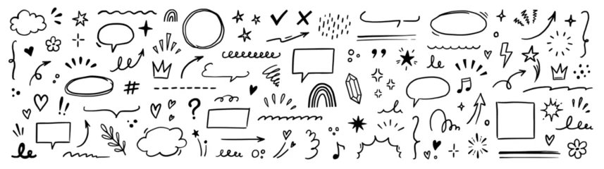 Gordijnen Line brush heart vector set. Hand drawn sketch doodle style arrow, cloud, star with marker stroke pencil highlight. Cute handwritten crown, heart, star line brush art design. Vector illustration © Polina Tomtosova