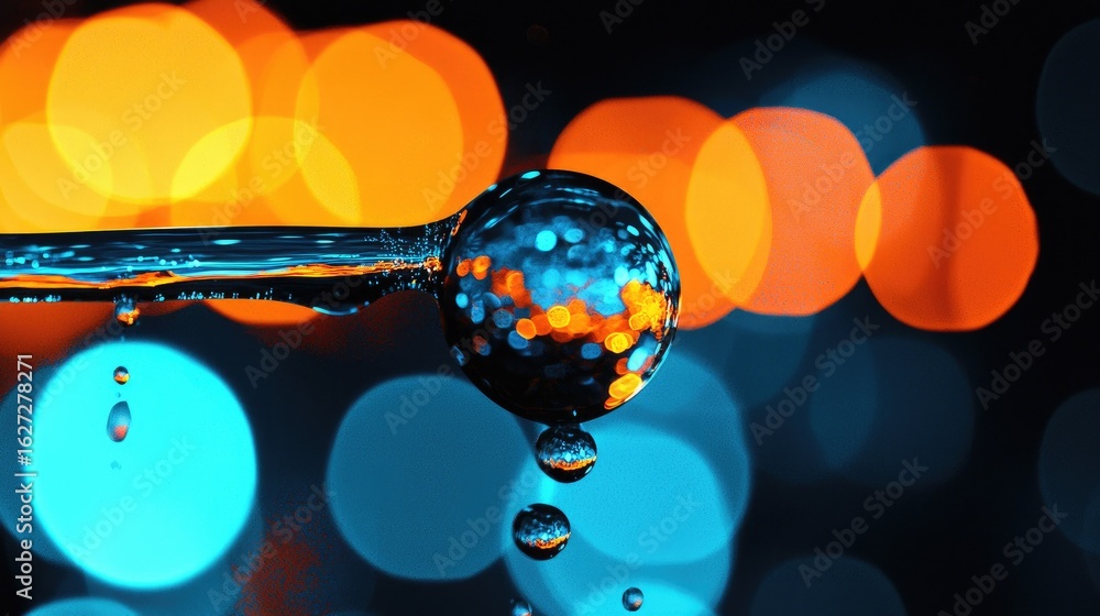 Poster close-up of water droplets cascading from a metallic rod against a background of colorful bokeh.