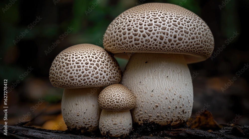 Poster close-up view of three different sized fungi.