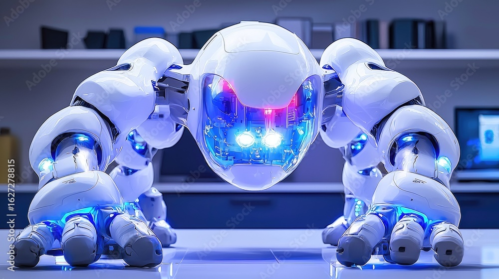 Poster advanced robotic creature in a futuristic setting.