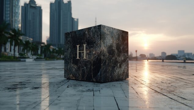 Dark marble cube with letter "H" on city plaza at sunset - Powered by Adobe