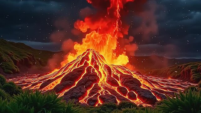 burst raging lava explosion ignite with dethaw flame ended angstrom park background, pullulate luminous lava flowing that sprinkle flaming sparks, create angstrom sensational difference