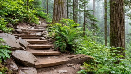 Wooden stairs ascend through a lush, misty forest