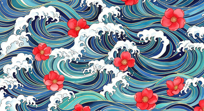 An ornate pattern of blue waves with white foam and red flowers scattered across the design surface